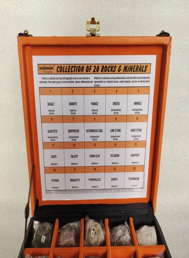 روكسمينز مجموعة روكسمنز RM20WB-برتقالي أسود، تضم 20 صخرة ومعدنًا في صندوق خشبي فاخر وثقيل باللونين البرتقالي والأسود. تحتوي على عينات كبيرة من الصخور النارية والرسوبية والمتحولة والمعادن، وهي مناسبة لمجموعة تعليمية. - Image 4